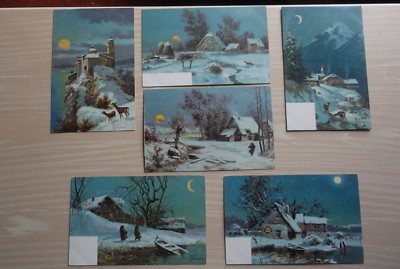 Robert Kammerer, Künstlersignierte, unbespielte Postkarten - Schnee, Hirsch, Mond, Fuchs, Boot