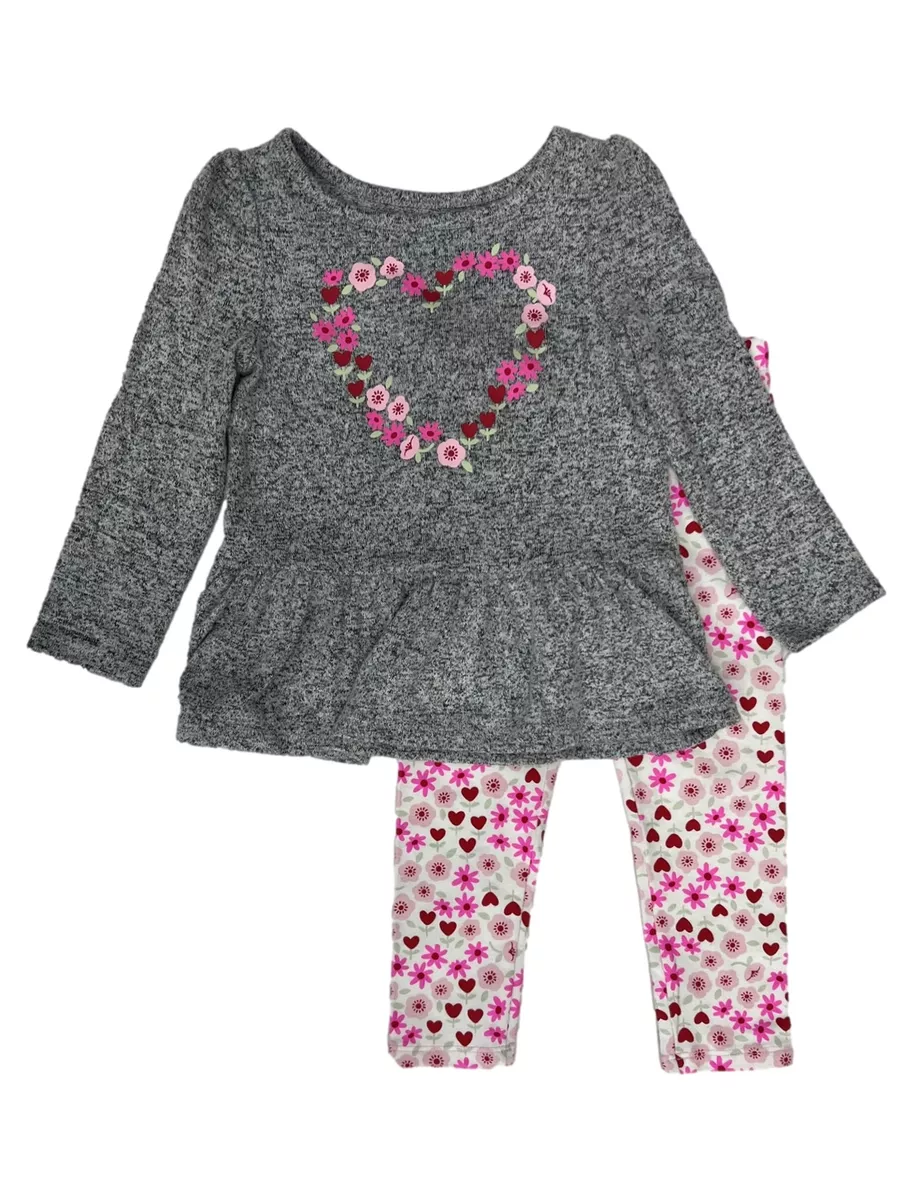 Toddler Girls Gray Pink Floral Heart Valentines Day Top