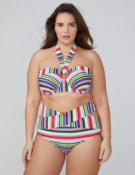 LANE BRYANT CACIQUE MULTI-STRIPE BANDEAU BRA CONVERTIBLE BIKINI