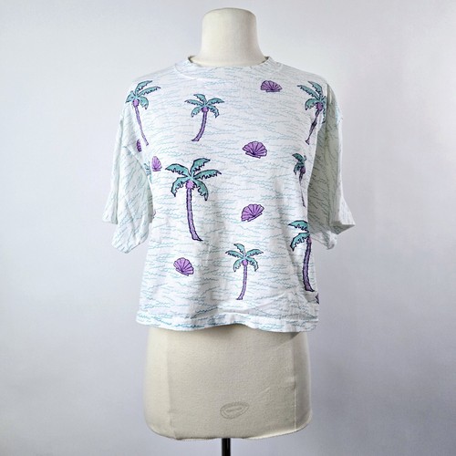 Vintage 80s Palm Trees Beach Art All Over Print Aop T-Shirt Cropped Boxy L