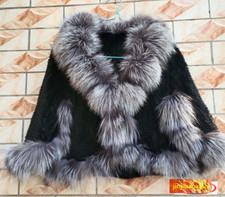 Knitted Real Genuine Mink Fur Coat Silver Fox Fur Collar Shawls Wraps Cape 153