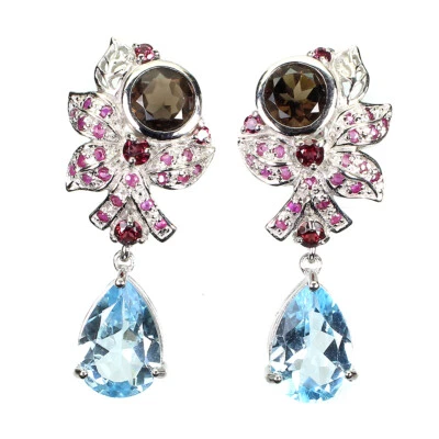 GemsPorium 925 Sterling Silber Ohrringe Birnen Topas Rubin Rauchquarz - Bild 1 von 4