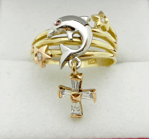 Star Dolphin Charm Dangle CROSS 14k Multi-Tone Gold Ladies Ring size 7