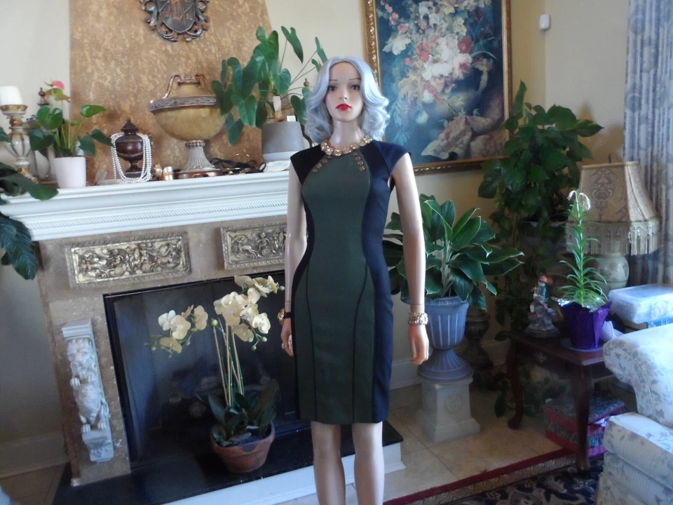 Vestido Vaina Jason Wu Negro/Verde Militar Acolchado Colección Otoño 2012 Talla 0 Foto 4 de 4