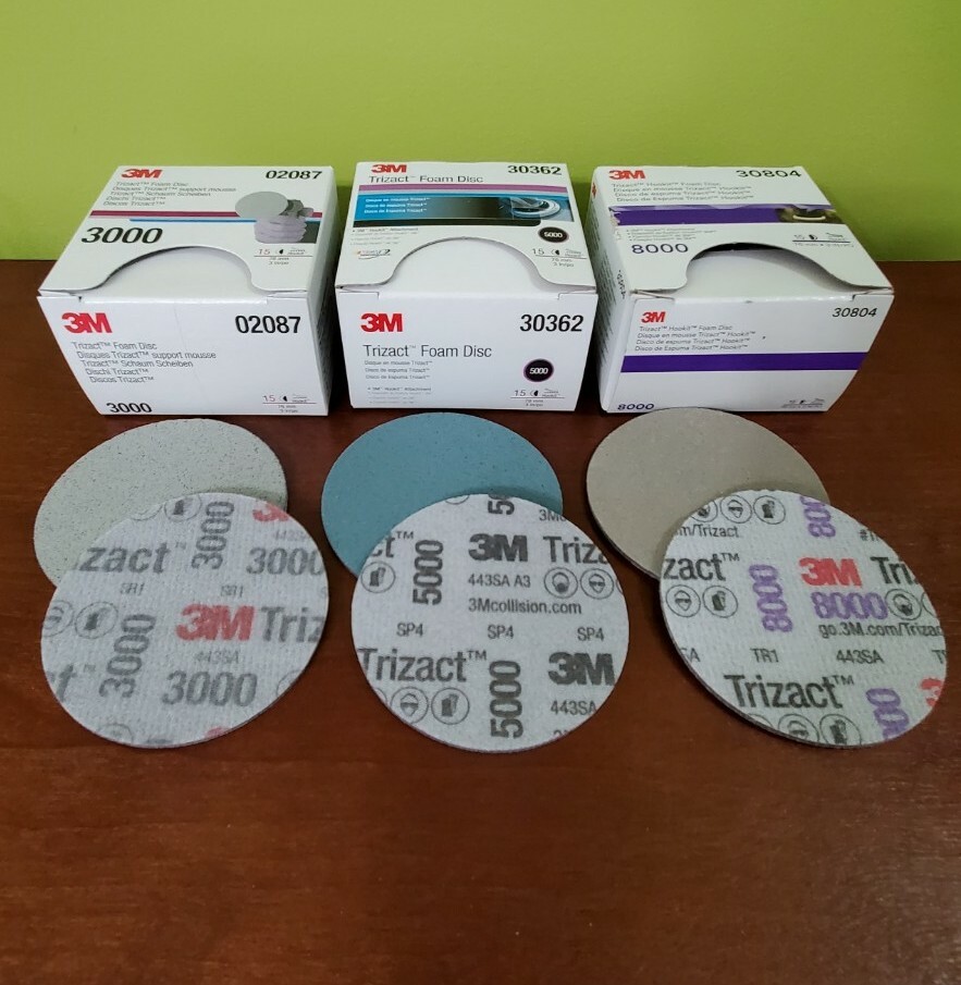 3M Trizact Hookit Foam Discs. 3000, 5000, 8000 Grit. 3 Inch. 1