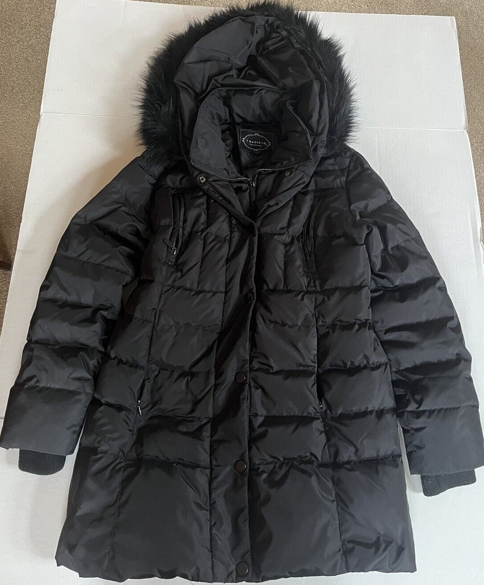 1 Madison Luxe Hooded Black Faux Fur Goose Down Feathers Parka