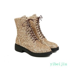 Women's Glitter Sequins Ankle Boots Lace Up Combat Performance Cosplay Shoes Zip