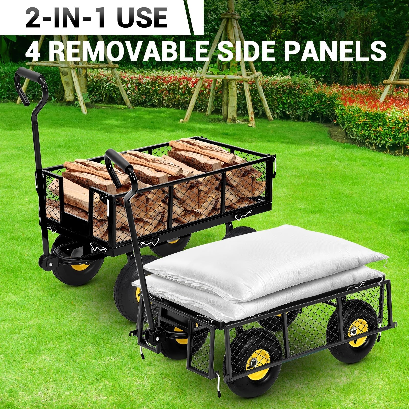 550 Lbs Steel Garden Cart, Utility Wagon with 10" Wheels, Removable Mesh Sides