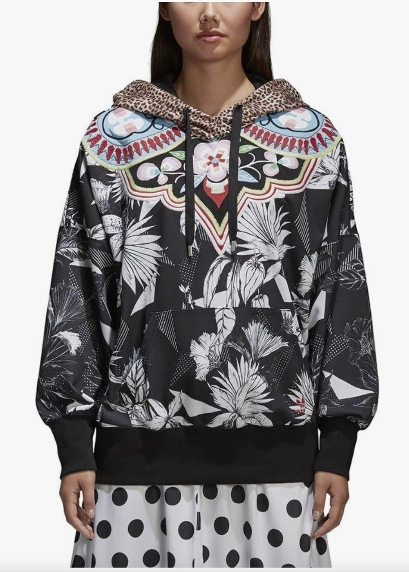 Adidas x Farm Rio Womens Small Hoodie Sweatshirt Floral Leopard Print Pullover image 2
