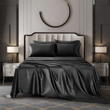 AiMay 4 Piece Queen Size Satin Bed Sheet Set Deep Pocket Solid Black Color Lu...