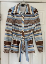 Vintage Melissa Lane Blue Brown Striped Button Down Blouse With Belt 1970s