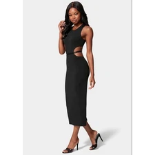 NWT Bebe Slinky Side Cut-Out Midi Dress Jet Black Sleeveless Evening Gown Medium