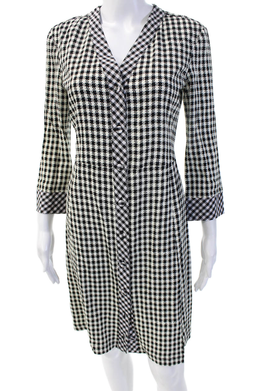 Altuzarra Women Black Checked V-Neck Shirt Dress 3/4 Sleeve Polyester Size MFree Shipping in US $100+ Orders | $6.95 Orders Below