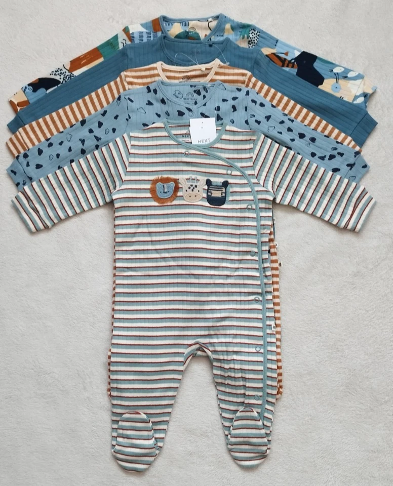 Next Baby Boys 5 Pack Sleepsuits 6-9 Months, Lion, Zebra NEW - Image 2 of 4