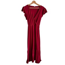 Anrabess red faux wrap midi flutter sleeve v-neck dress ruffles women's large