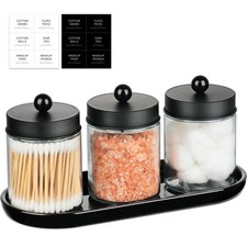 3-Pack Glass Apothecary Jars with Acrylic Vanity Tray - Bathroom Organizer Se...