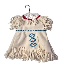 Vintage Native American Style Doll Dress Beige White Fringe Beaded Faux Suede