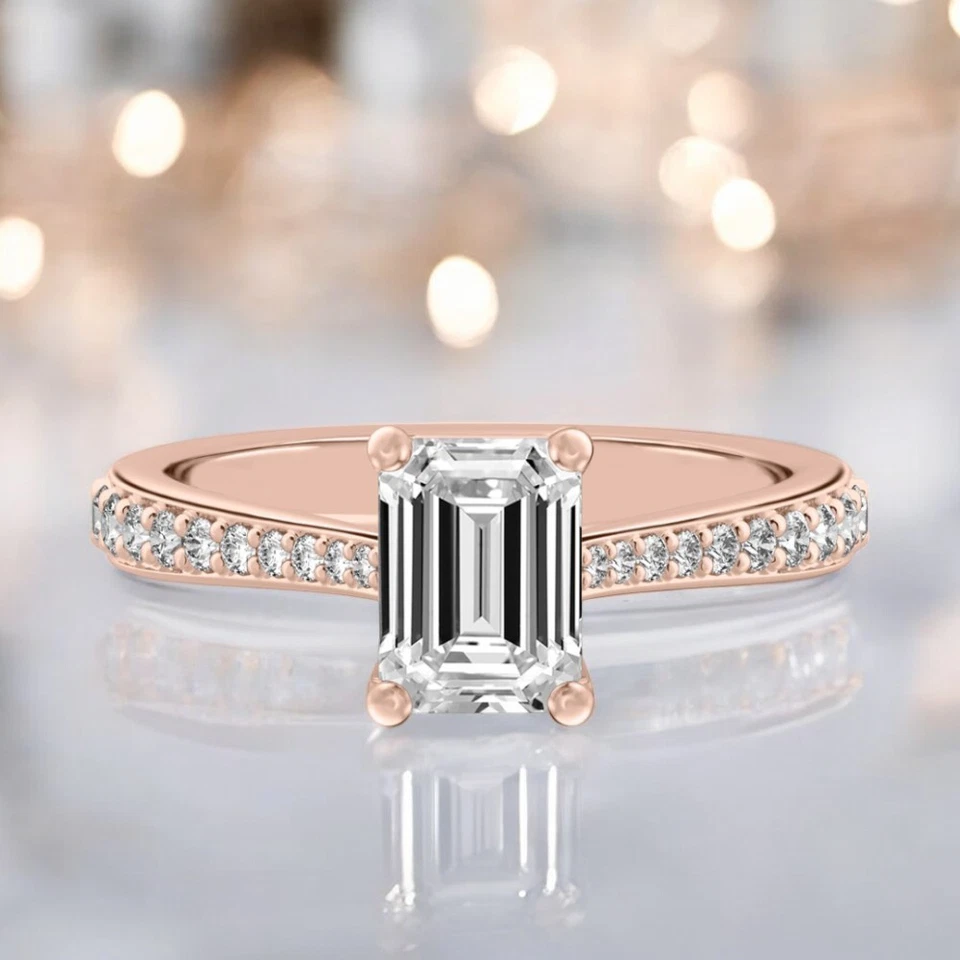 18k Rose Gold Ring For Women Lab Grown Emerald 1.25 Carat IGI Certified Diamond - Image 2 of 4