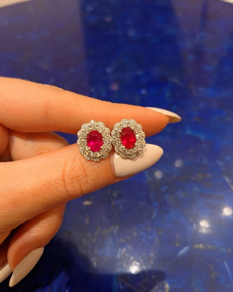 Ruby Earrings 14k Natural Ruby Diamond Earring 14k White Gold Ruby Stud Earring - Image 2 of 3