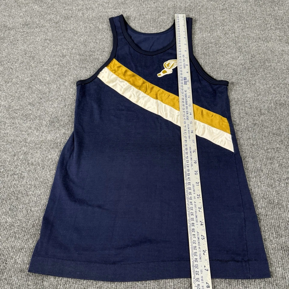 Camiseta sin mangas Champion vintage para hombre XS azul dorado Track Run sin mangas años 70 EE. UU. Retro Foto 3 de 4