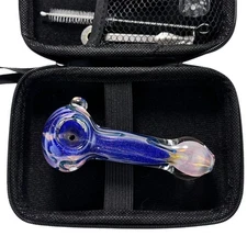 Gorgeous 4.3" Glass Hand Pipe  Flash Gold Smoking Spoon Herb Bowl w/Tool Box