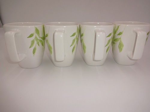 4 White Corning Corelle Rivage Coffee Tea Mugs Cups Square Handle Green Leaves - Picture 5 of 8