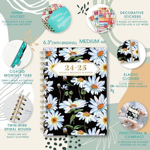 2024-2025 Planner, 12-Month Daily Weekly Monthly Planner 8.4"×6" White Daisy - Picture 5 of 6
