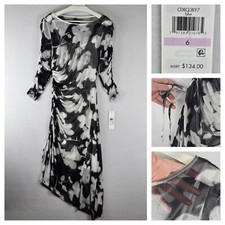  134 Calvin Klein Sheer Mesh Sheath Midi Dress 6 Asymmetrical Ruched Bodycon B W