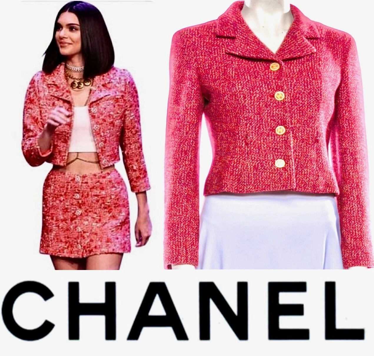 Giacca Chanel Vintage 2001 Kendall Rosso Tweed Logo 34 36 2 4 Top Coat 01a Vintage S M