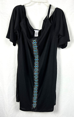 NEW NWT Dotti Black Beaded 3/4 Sleeve Cold-Shoulder Swimsuit Cover-Up Tunic S