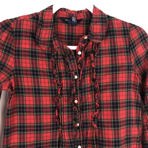 Ralph Lauren Girls 10 Red Plaid Ruffle Limg Sleeve Blouse Top Shirt BB1 - Picture 3 of 7
