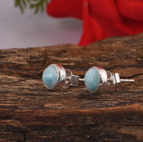Round Blue Larimar Stud Earrings Sterling Silver Tiny Studs For Graduation Gift - Picture 2 of 11