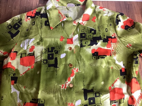 Pykettes Womens Top Large Green Orange Long Sleeve Button Front Poly VTG Vintage - Picture 6 of 10