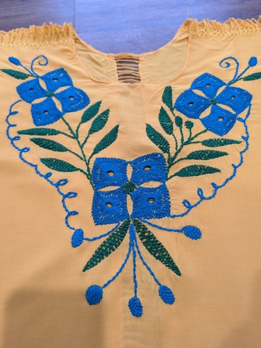 Handmade Yellow Blouse from Oaxaca, Mexico – Blue Embroidered Flowers - Picture 6 of 9