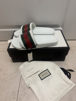 Brand New Gucci Men s rubber Web Logo slide sandals In White Size 9 Or 11