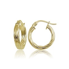 Gold Flash Sterling Silver 3mm Twist Design Polished Hoop Earrings, 15mm