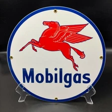 MOBILGAS PORCELAIN SIGN FOR GAS PUMP OR DISPLAY - 12" DIAMETER 