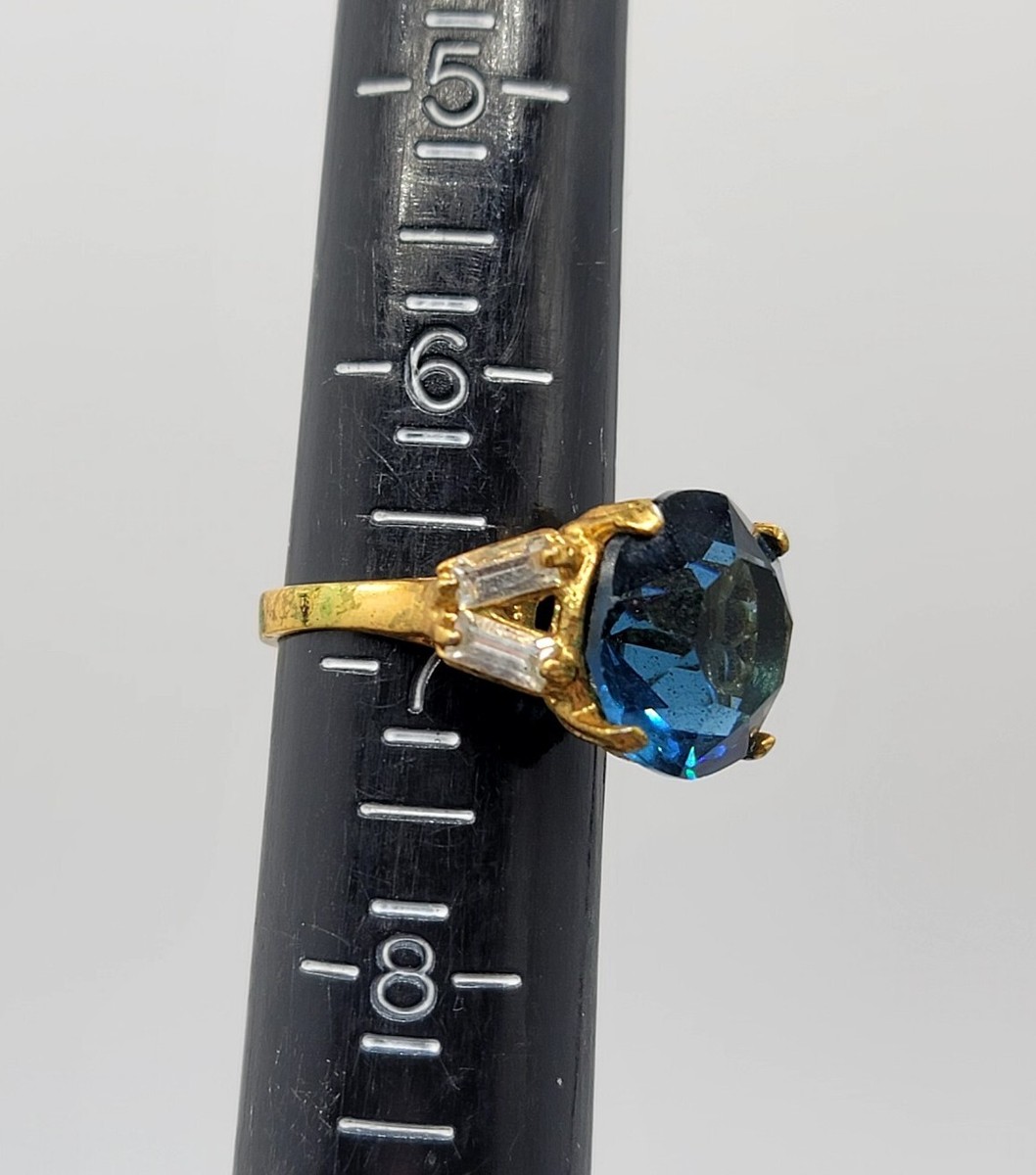 Vtg Sz 7 Ring Large Blue Clear Crystals 18KGE Gold Electroplated