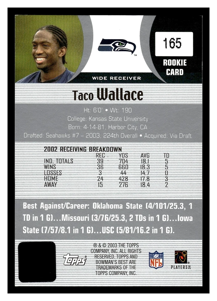 TACO WALLACE CERTIFIED AUTOGRAH #165 SEATTLE SEAHAWKS BOWMANS BEST ROOKIE - Image 2 of 2