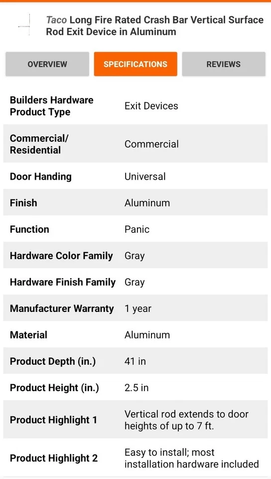 🔴Taco long fire rated crash bar verticle surface rod exit device in Aluminum - Image 3 of 3
