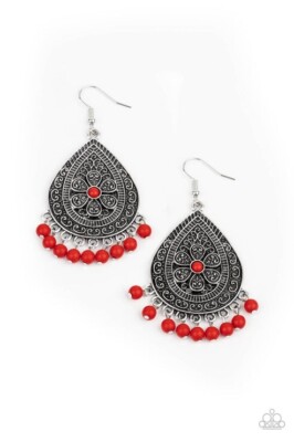 Paparazzi Jewelry Blossoming Teardrop Red Earrings Silver Flower Filigree 