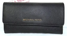 MICHAEL KORS JET SET TRAVEL Black Saffiano Leather LARGE TRIFOLD WALLET