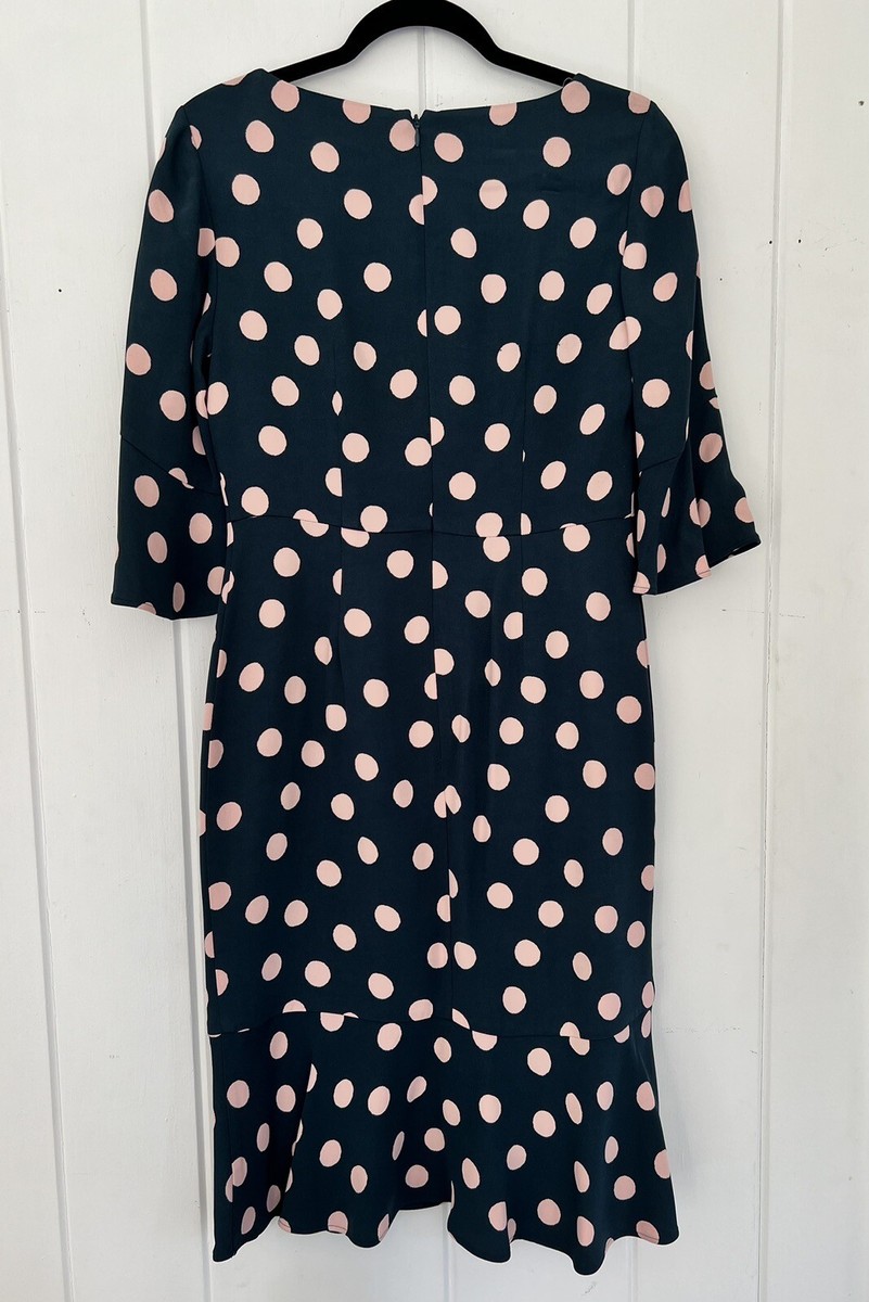 Boden Dress Teal With Pink Polka Dot Midi Viscose Ruffle Sleeve Hem Size