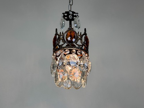 Matching 2 Antique Brass & Crystal Chandelier Lighting Ceiling Lamp Light 1960's - Picture 6 of 12