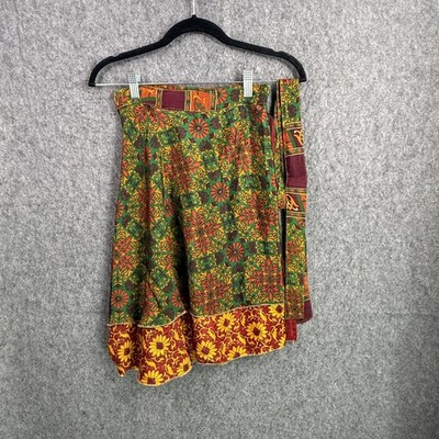 darn good yarn Reversible Sari Silk Wrap Skirt Mini Green Red Yellow Floral OS
