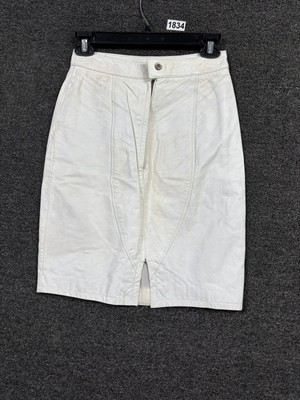 VTG Pelle Cuir Leather Pencil Skirt Womens Size 8 White Lined Button Closure