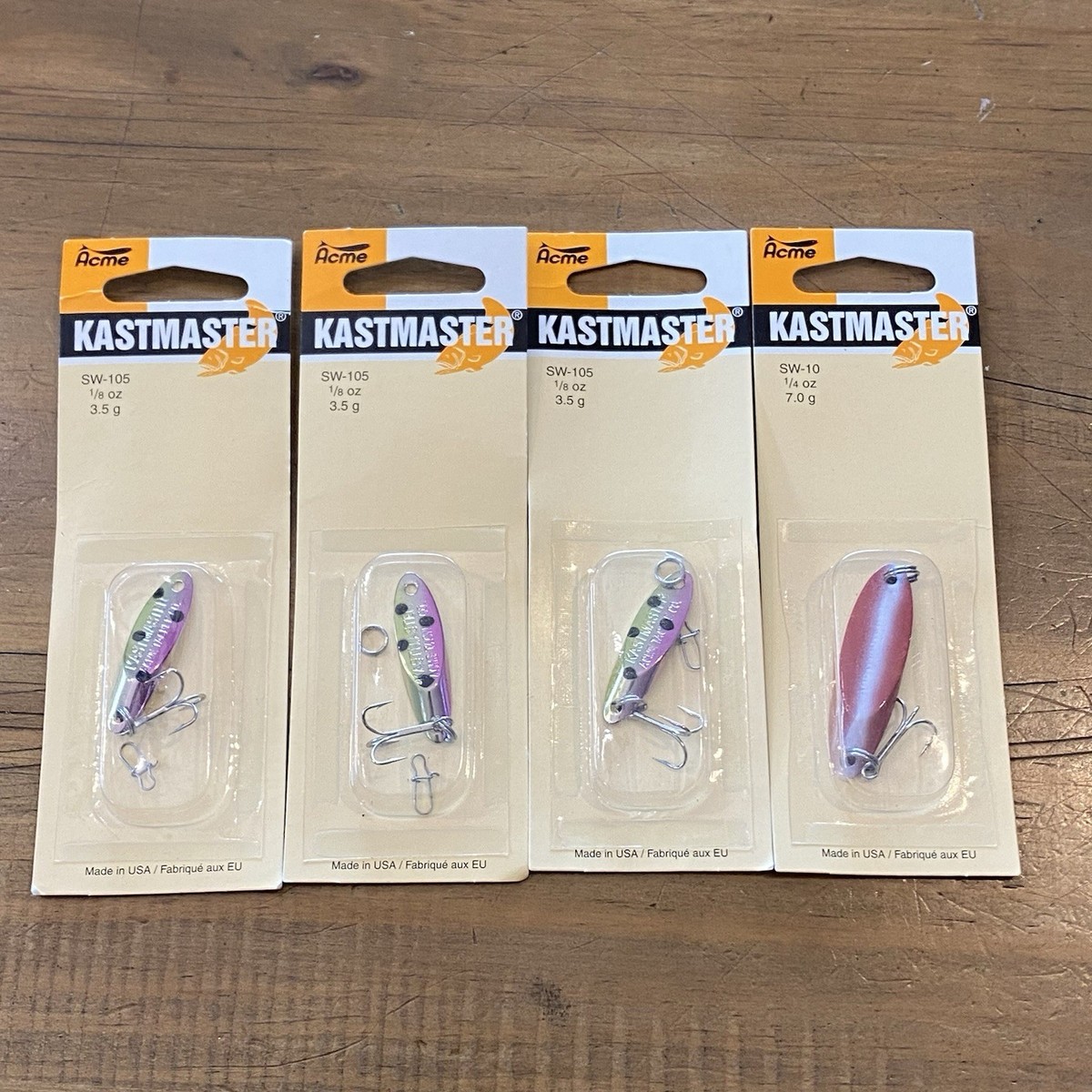 Acme Kastmaster 3 Pack SW-105 1/8 oz 3.5g & 1 SW-10 1/4 oz 7g Spoon Casting Lure | eBay Acme Kastmaster 3 Pack SW-105 1/8 oz 3.5g & 1 SW-10 1/4 oz 7g Spoon Casting Lure | eBay