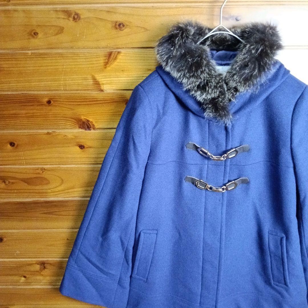 Navy Blue Duffle Coat with Hood & Blue Fox Fur, Size M