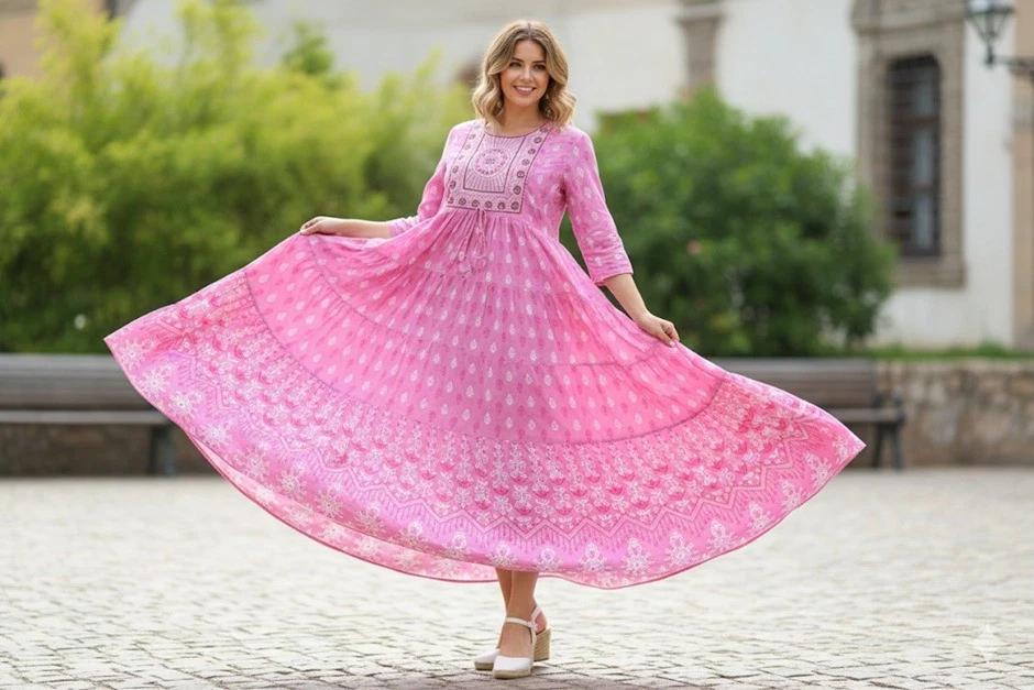 chinese dress ladies Long Maxi Dress for Women Floral Printed Indian Handblcok Printed Cotton  Dress M to XXL Nightwear Dresses (B. Pink, L) at Amazon Women's Clothing  store