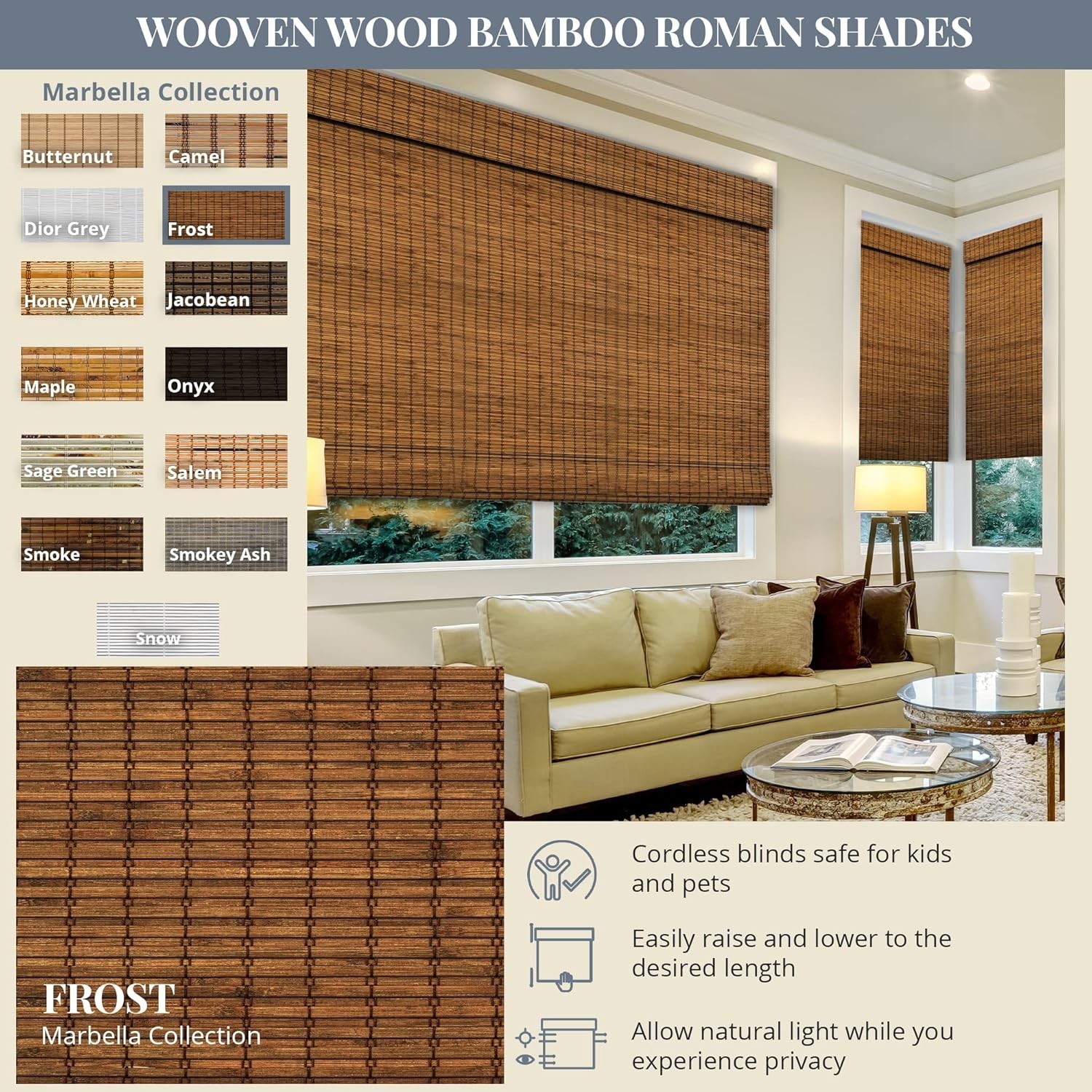 Chicology Cordless Light Filtering Natural Woven Bamboo Roman Shade 27"W x 64"L